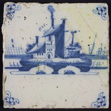 Scene tile, blue with landscape with houses, tower and well, corner motif spider, wall tile tile sculpture ceramic earthenware