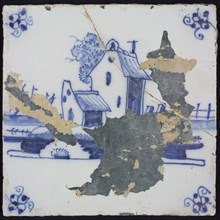Scene tile, blue with landscape with houses, corner motif spider, wall tile tile sculpture ceramic earthenware glaze, baked 2x
