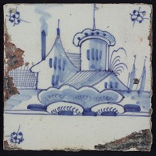 Scene tile, blue with landscape with houses and tower with wavy roof, corner motif spider, wall tile tile sculpture ceramic