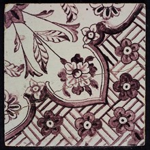 F.J. Kleyn, Ornament tile, diagonal cut with flower, corner motif quarter rosette, wall tile tile sculpture ceramic earthenware