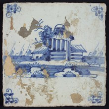 Scene tile, blue with landscape with houses and hay barn, corner motif spider, wall tile tile sculpture ceramic earthenware