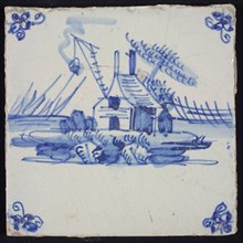 Scene tile, blue with landscape with house with fire beacon, corner pattern spider, wall tile tile sculpture ceramic earthenware