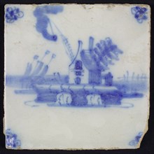 Scene tile, blue with landscape with house with fire beacon, corner motif spider, wall tile tile sculpture ceramic earthenware