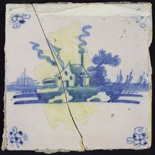 Scene tile, blue with landscape with house with fire beacon, corner motif spider, wall tile tile sculpture ceramics pottery