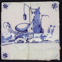Scene tile, blue with landscape with house with fire beacon or well, corner motif spider, wall tile tile sculpture ceramic