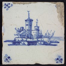 Scene tile, blue with landscape with church or castle with pointed towers, corner pattern spider, wall tile tile sculpture