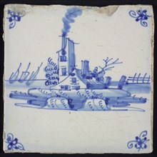 Scene tile, blue with landscape with house and tower, corner motif spider, wall tile tile sculpture ceramic earthenware glaze