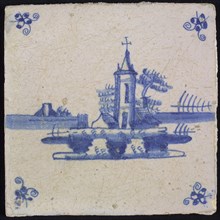 Scene tile, blue with landscape with church with pointed tower, corner pattern spider, wall tile tile sculpture ceramic