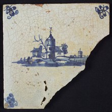 Scene tile, blue with landscape with houses and church tower, corner motif spider, wall tile tile sculpture ceramic earthenware