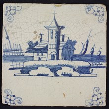 Scene tile, blue with landscape with church with tower, corner motif spider, wall tile tile sculpture ceramic earthenware glaze