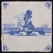 Scene tile, blue with landscape with castle ruin and cottage, corner motif spider, wall tile tile sculpture ceramic earthenware