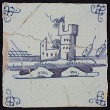 Scene tile, blue with landscape with castle ruin, corner motif spider, wall tile tile sculpture ceramic earthenware glaze, baked