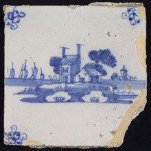 Scene tile, blue with landscape with houses, corner motif spider, wall tile tile sculpture ceramics pottery glaze, baked 2x