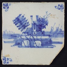 Scene tile, blue with landscape with island? with houses, corner motif spider, wall tile tile sculpture ceramic earthenware