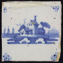 Scene tile, blue with landscape with houses, corner motif spider, wall tile tile footage ceramic earthenware glaze, baked 2x