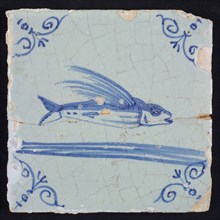 Animal tile, flying fish above running water to the right, in blue on white, corner patterned ox head, wall tile tile sculpture