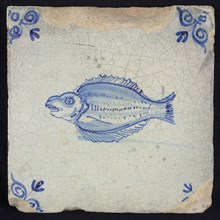 Animal tile, unknown fish in water to the left, in blue on white, corner motif stalked ox's head, wall tile tile sculpture