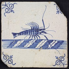 Animal tile, shrimp in continuous water to the right, in blue on white, corner motif of ox's head, wall tile tile sculpture