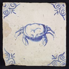 Animal tile, crab, in blue on white, corner pattern ox head, wall tile tile sculpture ceramic earthenware glaze, baked 2x glazed