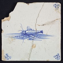 Animal tile, shrimp in water to the left, in blue on white, corner motif spider, wall tile tile sculpture ceramic earthenware