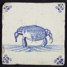 Animal tile, crab in continuous water, in blue on white, corner motif spider, wall tile tile sculpture ceramic earthenware glaze