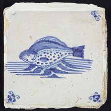 Animal tile, fish in running water to the left, in blue on white, corner motif spider, wall tile tile footage ceramic