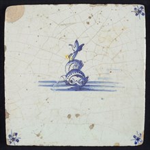 Animal tile, fish with double wound tail in water, in blue on white, corner motif spider, wall tile tile sculpture ceramic