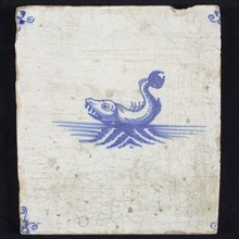 Animal tile, sea-based in water to the left, in blue on white, corner motif spider, wall tile tile sculpture ceramic earthenware