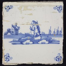 Scene tile, blue with landscape with peasant in progress, corner motif spider, wall tile tile sculpture ceramics pottery glaze