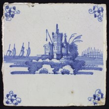 Scene tile, blue with landscape with castle with fire beacon, corner pattern spider, wall tile tile sculpture ceramic