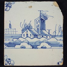 Scene tile, blue with landscape with houses and (fire?) Tower, corner motif spider, wall tile tile sculpture ceramic earthenware