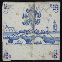 Scene tile, blue with landscape with tree, corner pattern spider, wall tile tile sculpture ceramic earthenware glaze, baked 2x