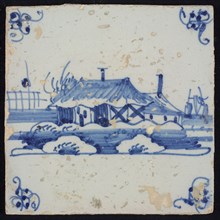 Scene tile, blue with landscape with farm, corner motif spider, wall tile tile sculpture ceramic earthenware glaze, baked 2x