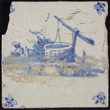 Scene tile, blue with landscape with well with lever, corner motif spider, wall tile tile sculpture ceramic earthenware glaze