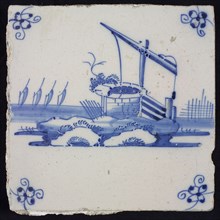 Scene tile, blue with landscape with well with lever, corner motif spider, wall tile tile sculpture ceramic earthenware glaze