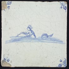 Sea creature tile, man with crown and fish tail, bird in one hand, in water to the left, in blue on white, corner motif, ox-head