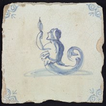Sea creature tile, naked man with curly fish tail, seen from behind, spider-stick in one hand, in water to the left, in blue on