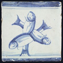 Tile, in blue on white, three crossed fish placed between blue top and bottom edge, wall tile tile sculpture ceramic earthenware