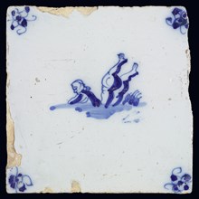 Sea creature tile, in blue on white, upper body of man and two legs upside down in water, corner pattern spider, wall tile