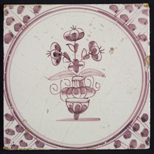 Flowerpot, in purple on white, small flowerpot inside circle, corner pattern meanders, wall tile tile sculpture ceramic