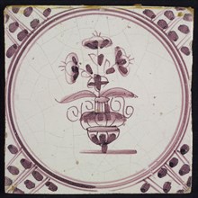 Flowerpot, in purple on white, small flowerpot inside circle, corner pattern meanders, wall tile tile sculpture ceramic