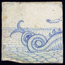 Tile with tail and arm marine in blue, wall tile tile sculpture ceramic earthenware glaze tin glaze, in form made baked glazed