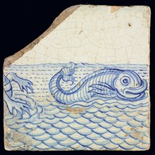 Tile with fish and hull seafar in blue, wall tile tile sculpture ceramic earthenware enamel tinglage, in shape made baked glazed