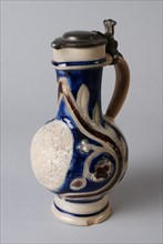 Stoneware jug stand with long, slender neck and sneb, tin lid, large portrait medallion, jug crockery holder soil find ceramic