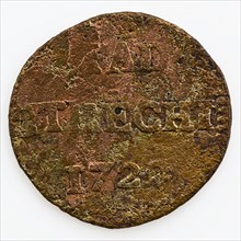 Duit, copper Dutch coin worth 2 penning, CITY UTRECHT 1722, money coin swaps soil find copper metal, minted German beaten