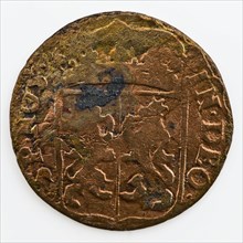 Duit, copper Dutch coin worth 2 penning, from Gelderland, coin currency exchange medium founding copper metal, beaten Duit