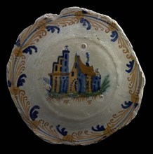 Soul of majolica dish, polychrome decor, landscape with church and watermill, Aigrette border, plate dish crockery holder soil