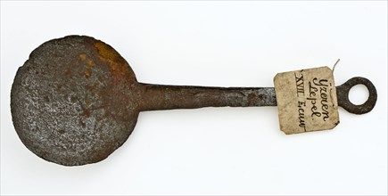 Iron spoon, round bowl, flat slightly tapered stem with eye at the end, spoon cutlery soil find iron metal, Backside stem: I I I