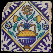 Flowerpot tile, multicolored tile with flowerpot in square with palmtone, in blue, green, yellow and orange on white, baking
