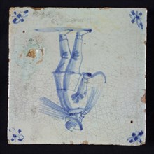 Figure tile, blue on white, farmer with straw bale over shoulder and sickle in hand, corner motif spider, baking error, wall